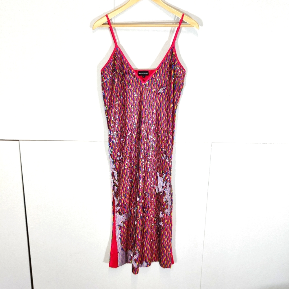 PLT Pretty Little Thing Rainbow Fully Sequin Dress Size UK 8 Pastel Pride Slip - Picture 1 of 9